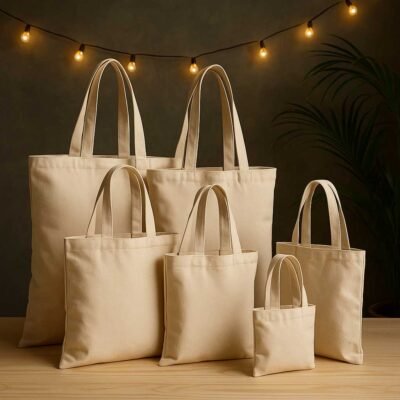 Seis bolsas de crea de algodón en distintos tamaños, fabricadas a medida