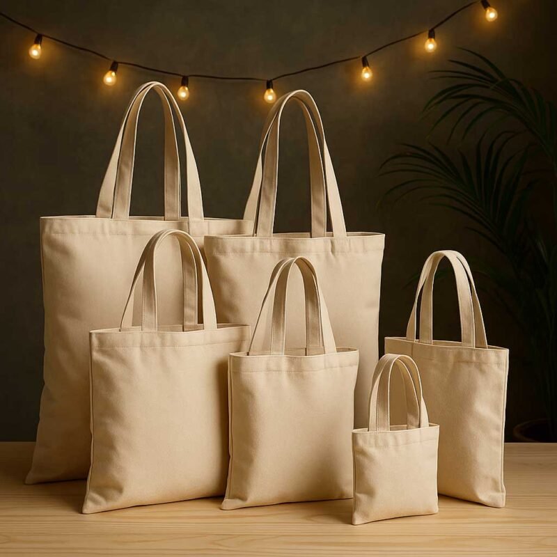 Seis bolsas de crea de algodón en distintos tamaños, fabricadas a medida