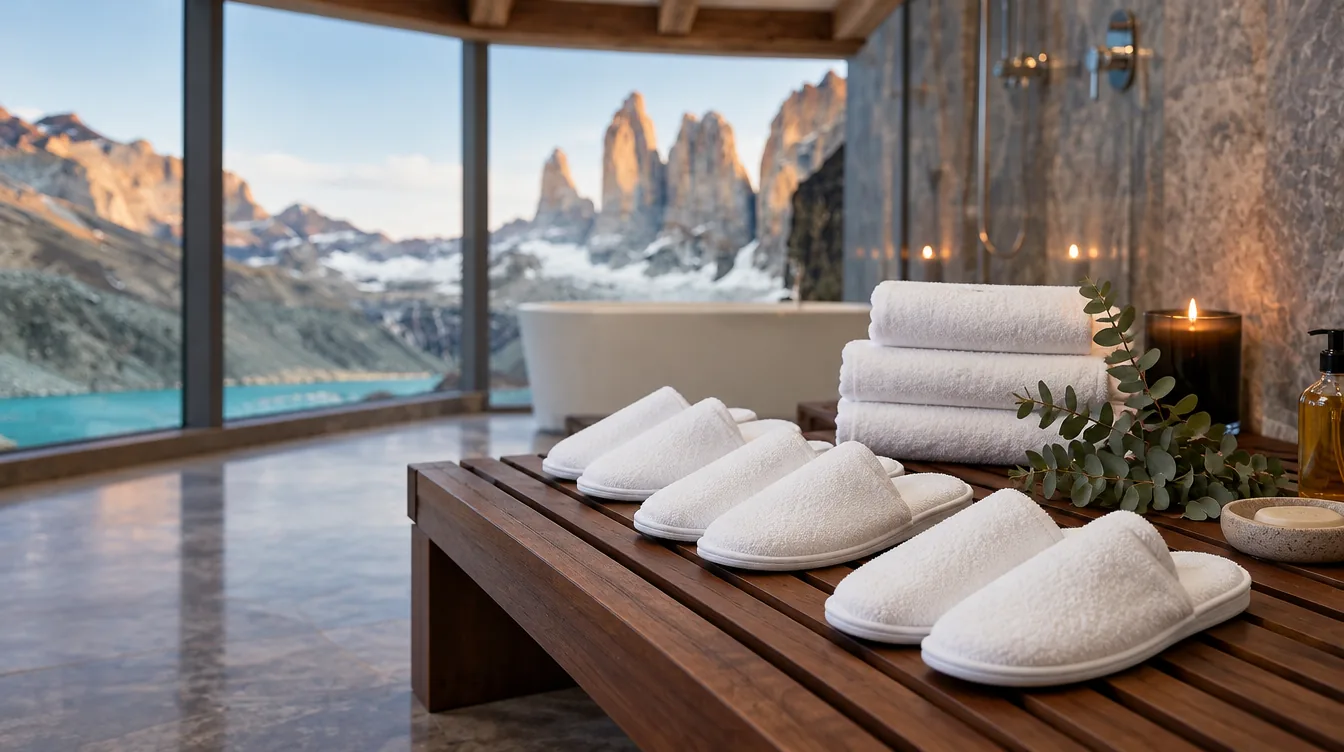 Pares de pantuflas desechables blancas cerradas sobre una banca de madera en un spa de hotel