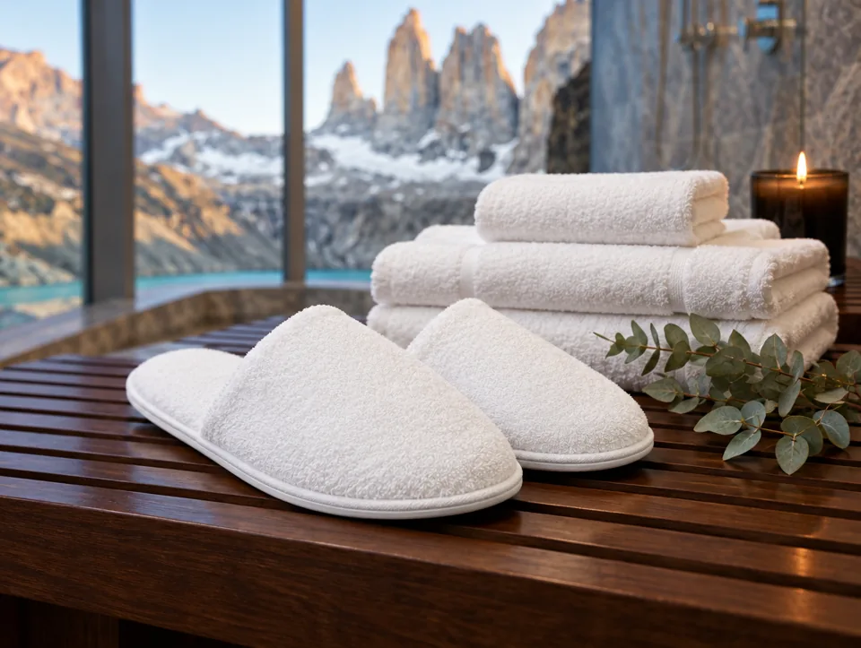 Pantuflas desechables blancas de punta cerrada sobre una banca de madera junto a toallas blancas
