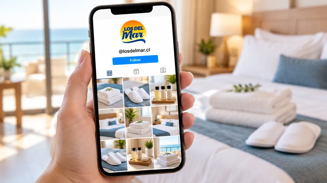 Teléfono mostrando el perfil de Instagram @losdelmar.cl con fotos de toallas, pantuflas y amenities
