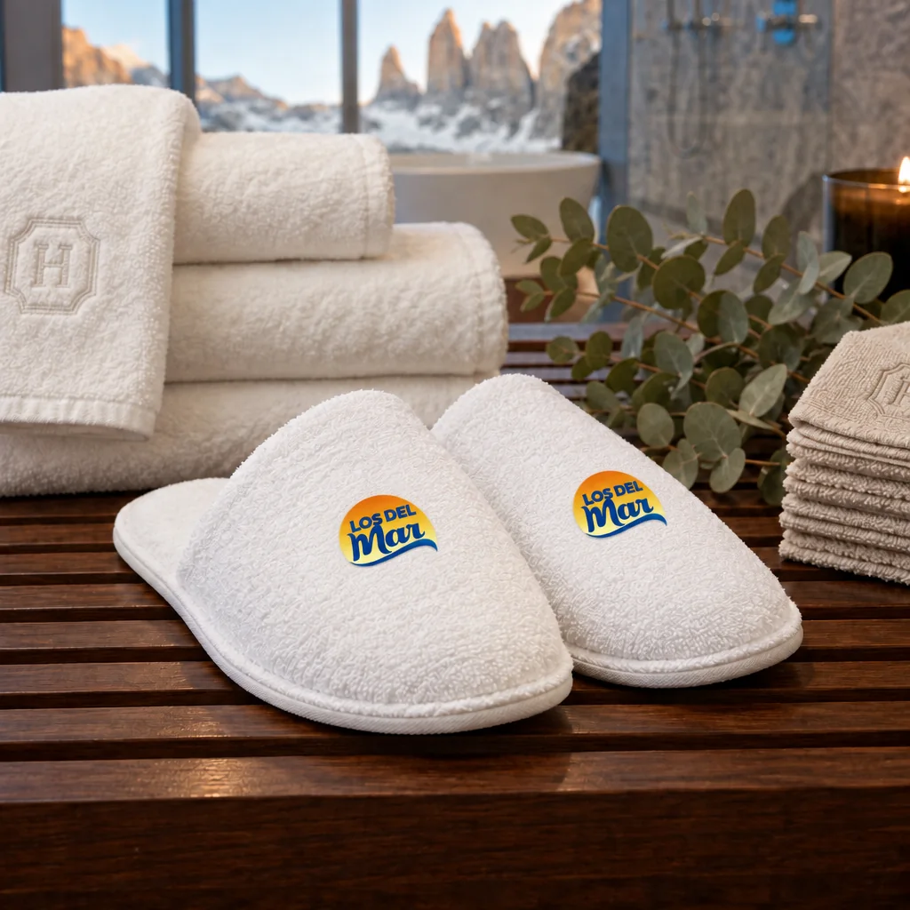 Pantuflas hoteleras cerradas personalizadas con el logo de LosDelMar estampado