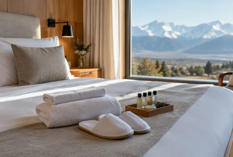 Habitación de hotel con toallas blancas, pantuflas y amenities sobre la cama