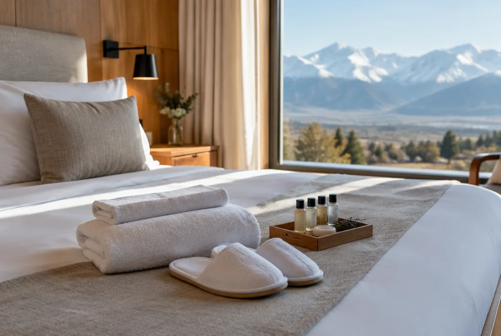 Habitación de hotel con toallas blancas, pantuflas y amenities sobre la cama