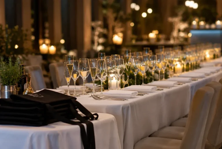 Mesa de evento con copas flauta, mantel blanco y delantal de cocina