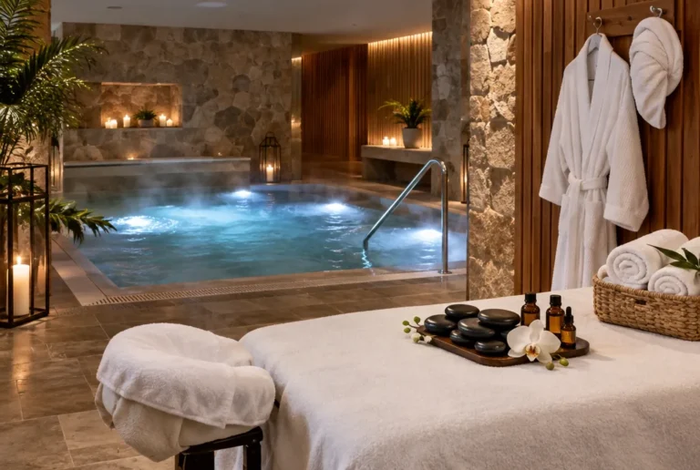 Spa con piscina temperada, camilla de masajes, toallas blancas enrolladas, bata y turbante